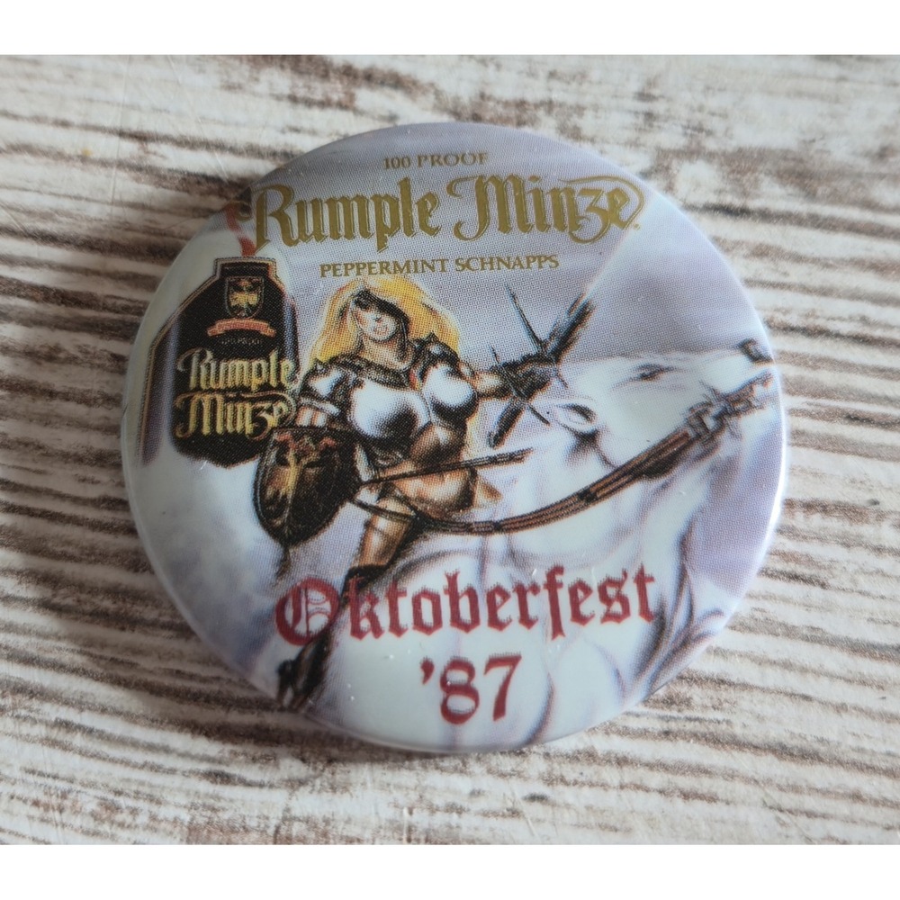 Vintage 1987 Rumple Minze Oktoberfest Fantasy Art Pinback Button Schnapps Ad